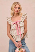 BiBi Floral Printed Woven Front Bow Tied Ruffled Square Neck Sleeveless Top