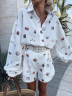 Women's Outfit Set Shell Print Long Sleeve Shirt and Belt Shorts 2 Pcs 90cf1249ac2a4d499794c08a41ad7010-Max-Origin Trendsi