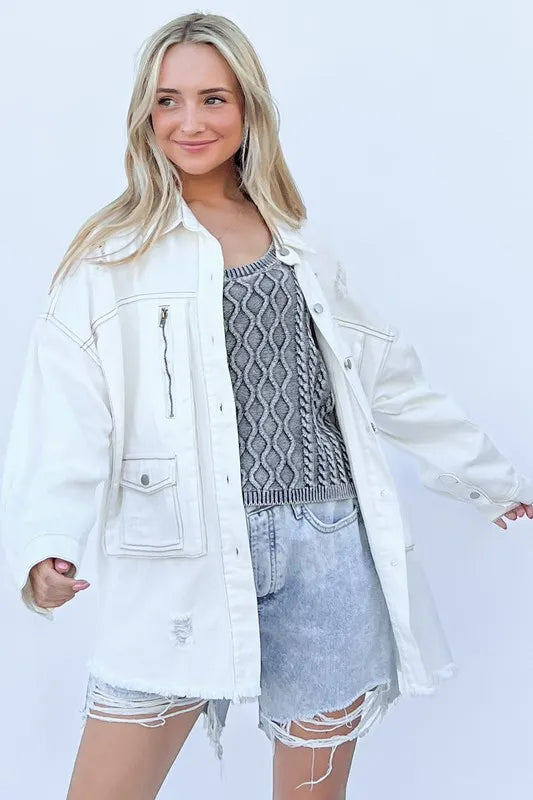 And The Why Distressed Washed Button Down Denim Shacket OFF WHITE