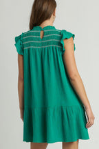 Umgee Mini Dress Ruffle Jade Green Smocked Contrast Stitching Short Sleeve 90daef71-1ea3-41f8-9828-c695a4501427-Max Trendsi