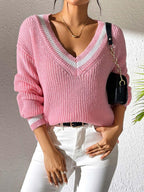 Sweater Knit V-Neck Contrast Stripe Trim Long Sleeve Knitwear Dusty Pink 90e27809-d8df-4475-a5bd-61538b00063f-Max Trendsi