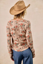BiBi Womens Blouse Taupe Floral Print Washed Waffle Thermal Top with Thumbs 90eb8ae929864bb3ae3d95e0f40e062a-Max-Origin Trendsi