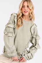 Mittoshop Ruffled Sweatshirt Sage Mineral Washed Round Neck Long Sleeve 90eec173-a067-4684-83ad-e606b20b88a6-Min Trendsi