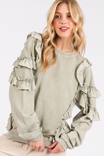 Mittoshop Ruffled Sweatshirt Sage Mineral Washed Round Neck Long Sleeve