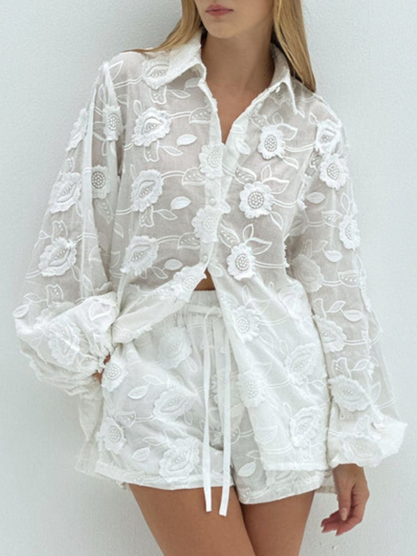 Floral Embroidered Buttoned Shirt and Tied Shorts Two-Piece Set, 100% Polyester