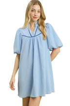 Umgee Sky Blue Seersucker Mini Dress with Puff Sleeves and V-Neckline