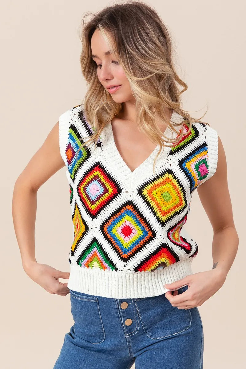 BiBi Sweater Vest Ivory Diamond Granny Multicolor Square Ribbed Knit Top 9104e878f35b4570b38efe9271eb512a-Max-Origin Trendsi