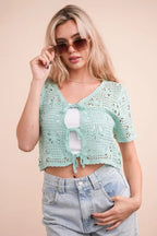VERY J Crop Top Crochet Mint Front Tie Openwork Knit Short Sleeve 910530cf2ef8450c9365644c13ad7dad-Max-Origin Trendsi