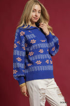 Umgee Womens Sweater Ocean Blue Floral Patterned Jacquard Quarter-Zip Pullover 9109a15c-0fc4-416e-af35-34f99cd3391b-Max-Origin Trendsi