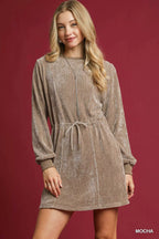 Umgee Mini Dress Velour Mocha Drawstring with Long Sleeves 91152640-8c64-4160-bfc2-9beab5ce6507-Max-Origin Trendsi