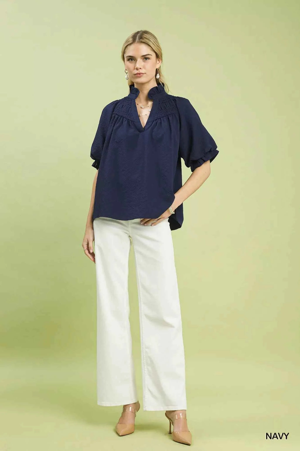 Umgee Textured Smocked Yoke Split-Neck Top
