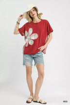 Umgee T-shirt Red Flower Patch Mineral Wash French Terry Top Short Sleeve 912fa3c5-0c00-4e6e-a5f1-309a1ca662ac-Max-Origin Trendsi