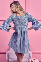 BiBi Short Dress Off Shoulder Denim Blue Striped Smocked Ruffled 9130721b30d142f38b28d0987e487480-Max-Origin Trendsi