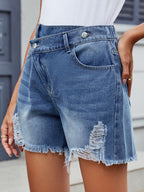 Moni Wear Denim Shorts Asymmetrical Waist Women's Distressed Raw Hem 9138545f-3451-4461-8728-e0fc7159d6d5-Max Trendsi