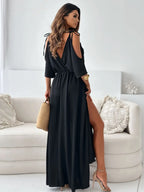 Maxi Summer Dress V Neck Tied Shoulder Slit Short Sleeve High Waisted 913b23fb-f91d-4c97-87b8-2cbc4b0fdb04-Max-Origin Trendsi