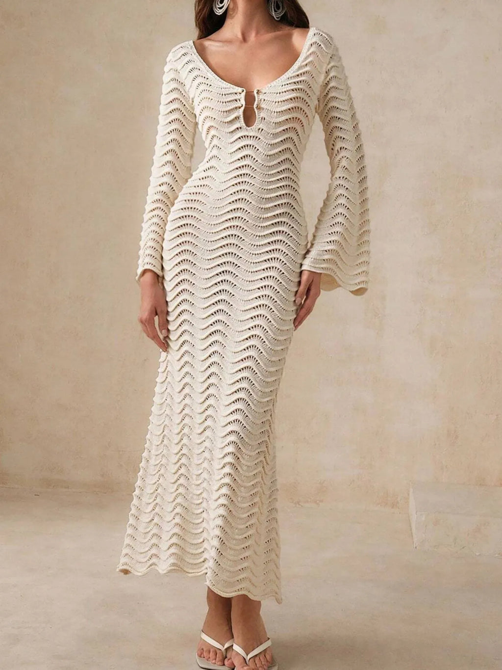 Wave Maxi Knit Dress Openwork Crochet Cutout V Neck Long Sleeve 9142e5a3-1bec-4ef1-bcd3-d5dbc1151104-Max-Origin Trendsi