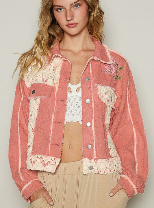 POL Jacket Pink Crochet Patch Floral Embroidered Button Up Long Sleeve Coat