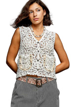POL Button-Down Cropped Crochet Vest with Scalloped Edge
