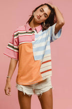 BiBi Women Shirt Mix And Match Stripe Color Block Short Sleeve Top 9149203918124bbbbde01651441bc257-Max-Origin Trendsi