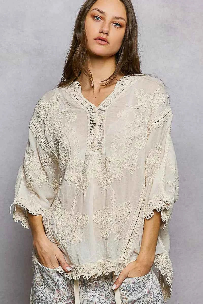 POL Women Blouse Cotton Floral Lace Embroidered Top with Trim Edge NATURAL One Size 914943bc-1742-4319-90e0-3bf44196e907-Max-Origin Trendsi