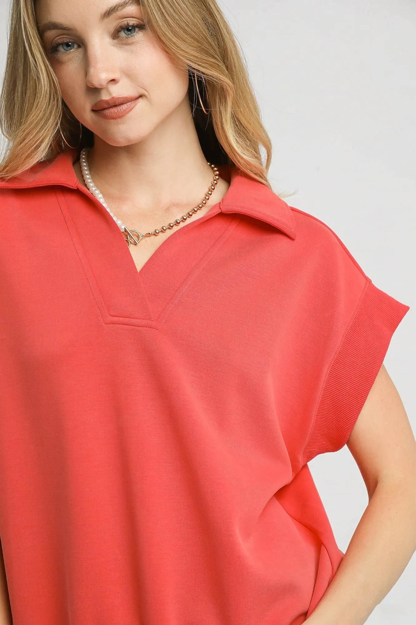 Umgee Sweatshirt Red Coral Luxe Knit Collared Short Sleeve Polo T-shirt 91522af1-328a-484f-b47b-e39da55278a5-Max-Origin Trendsi