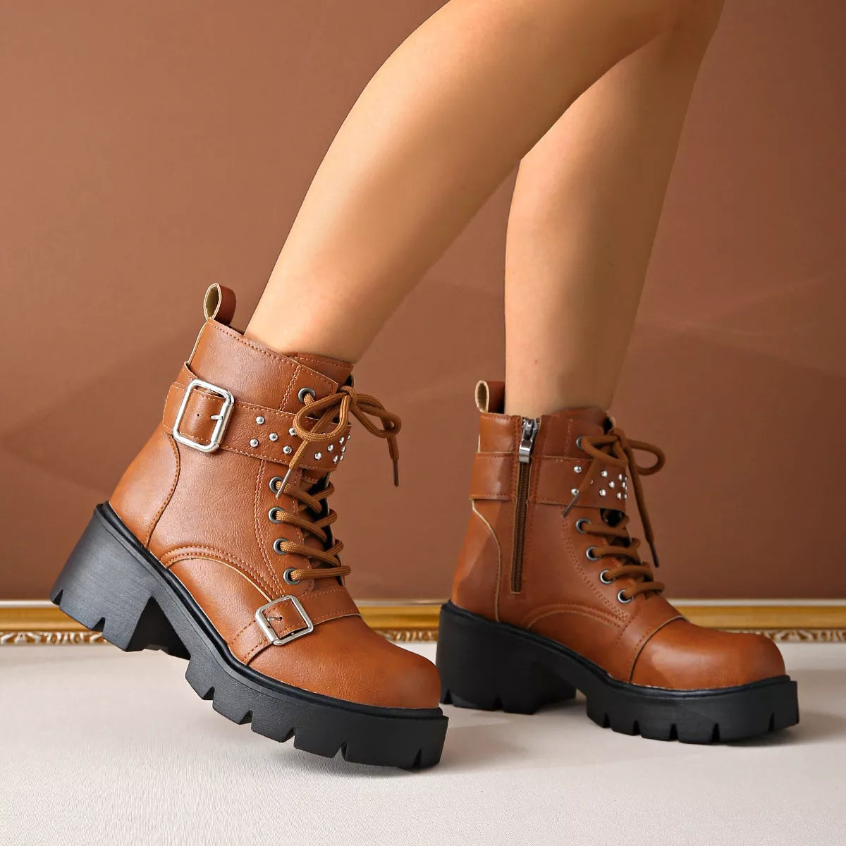 Women's Boots Pu Leather Block High Heels Round Toe Shoes 915326d9c45a4f27a593a0c8f86882a2-Max-Origin Trendsi