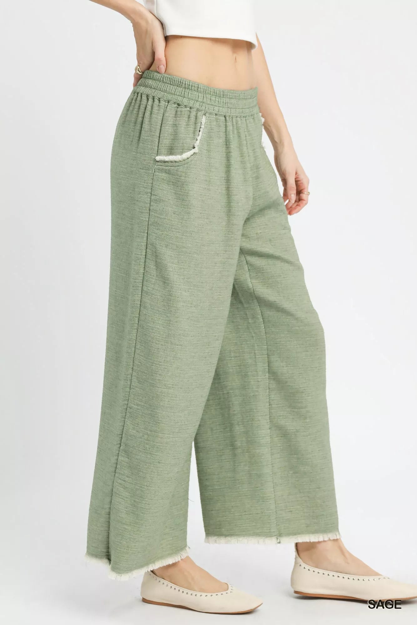 Umgee Sweatpants Wide Leg Sage Green Frayed Hem and Pockets 915b520e-e31f-48ec-ac42-6207a3f16770-Max-Origin Trendsi
