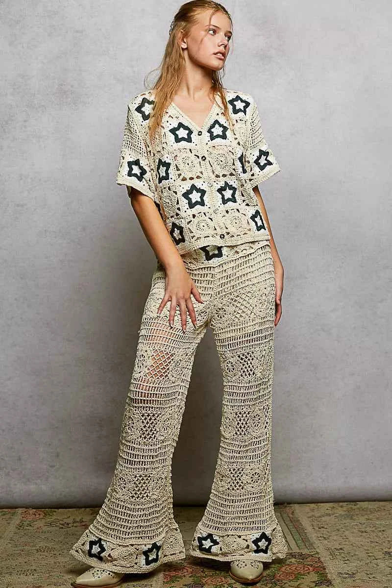 POL Openwork Crochet Flare Pants with Contrast Star 915e74ee-b22e-4e57-b2d9-42a64899b918-Max-Origin Trendsi