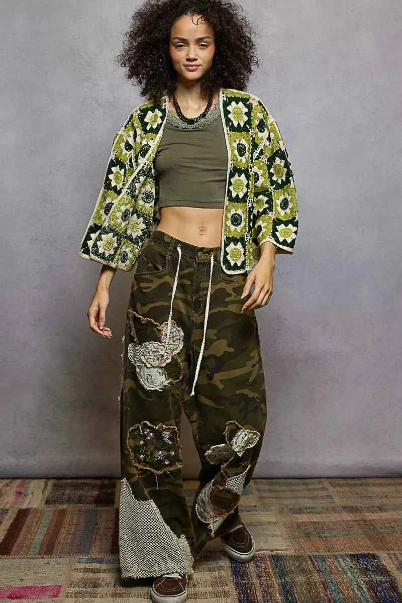 POL Crochet Knit Cardigan Olive Multi Floral Open Front with Varied Patterns 9165f4bd-ab3f-4190-beb1-e53bf995e72c-Max-Origin Trendsi