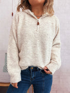 Women's Sweater Quarter Zip Hooded Ribbed Hem Long Sleeve Knitwear Apricot One Size 9168edcc94ea45ae8f85aee58259738c-Max-Origin Trendsi