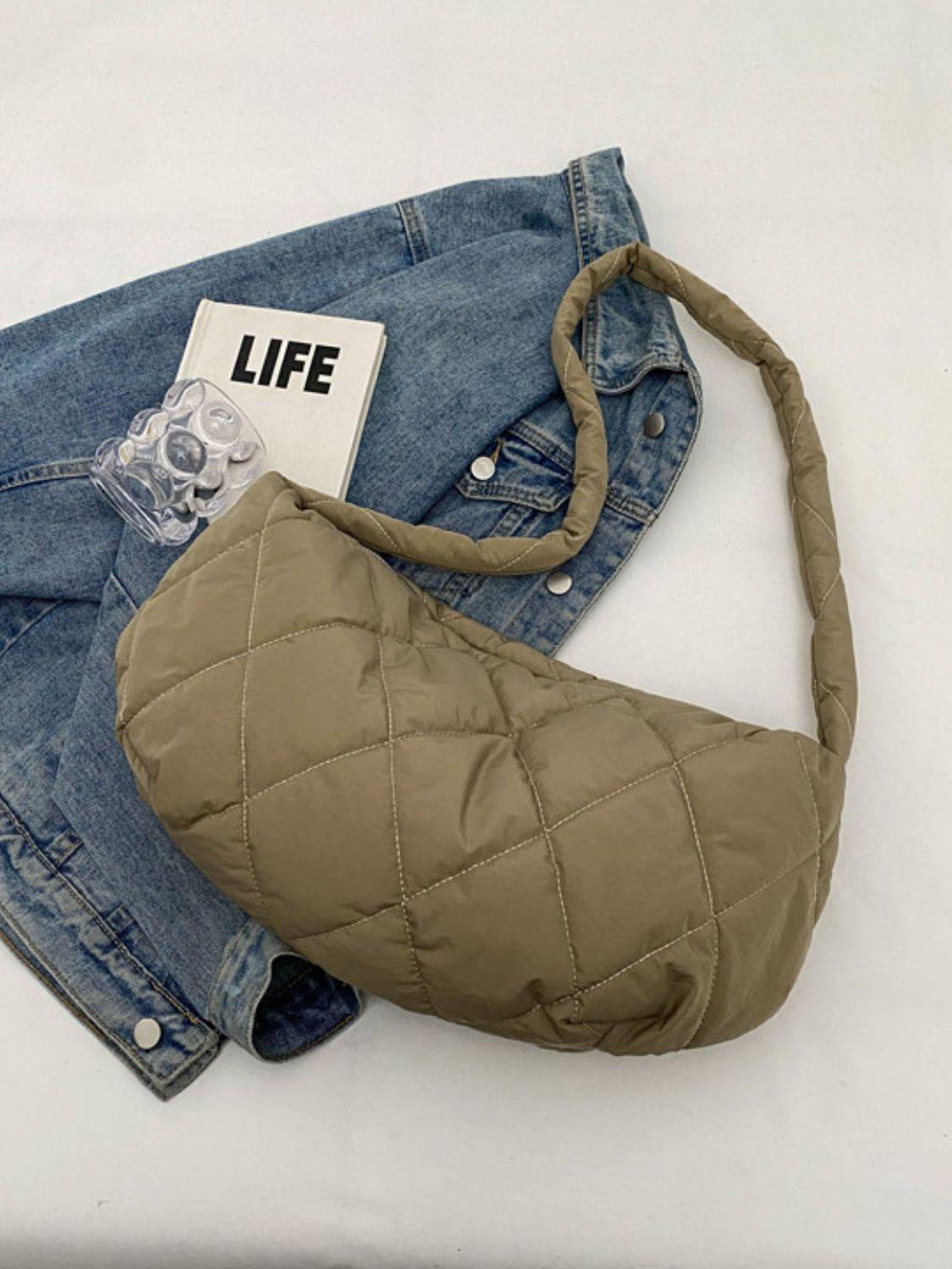 Quilted Polyester Large Crossbody Bag Zipper Hobo Handbags Khaki One Size 917a1911-fc61-41bd-8e6e-d109df488b0d-Max Trendsi