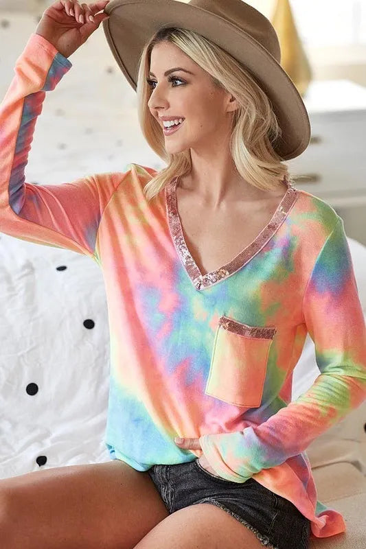 BiBi Womens Tie Dye Top V-neck Terry Pastel With Sequins Long Sleeve 917aaf6eae364816a03413ec5a29b63b-Max-Origin Trendsi