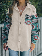 Shacket Corduroy Perfee Pocketed Geometric Collared Neck Outwear 917dc2e8-5d79-4939-b0cf-8d9bf2919133-Max Trendsi