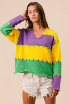 BiBi Womens Sweater Mardi Gras Stripes Stitch Detail Knit Pullover 917e4de5414549bdace66f1ed0e31715-Max-Origin Trendsi