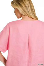 Zenana Linen V-Neck Cuffed Sleeve Top