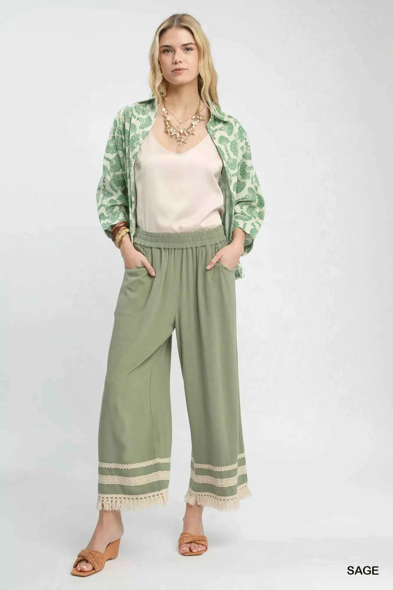 Umgee Wide Leg Pants Lace Trim Fringe Hem Sage Green Trousers 91820097-ed16-4734-94b4-7283d3ec776a-Max-Origin Trendsi