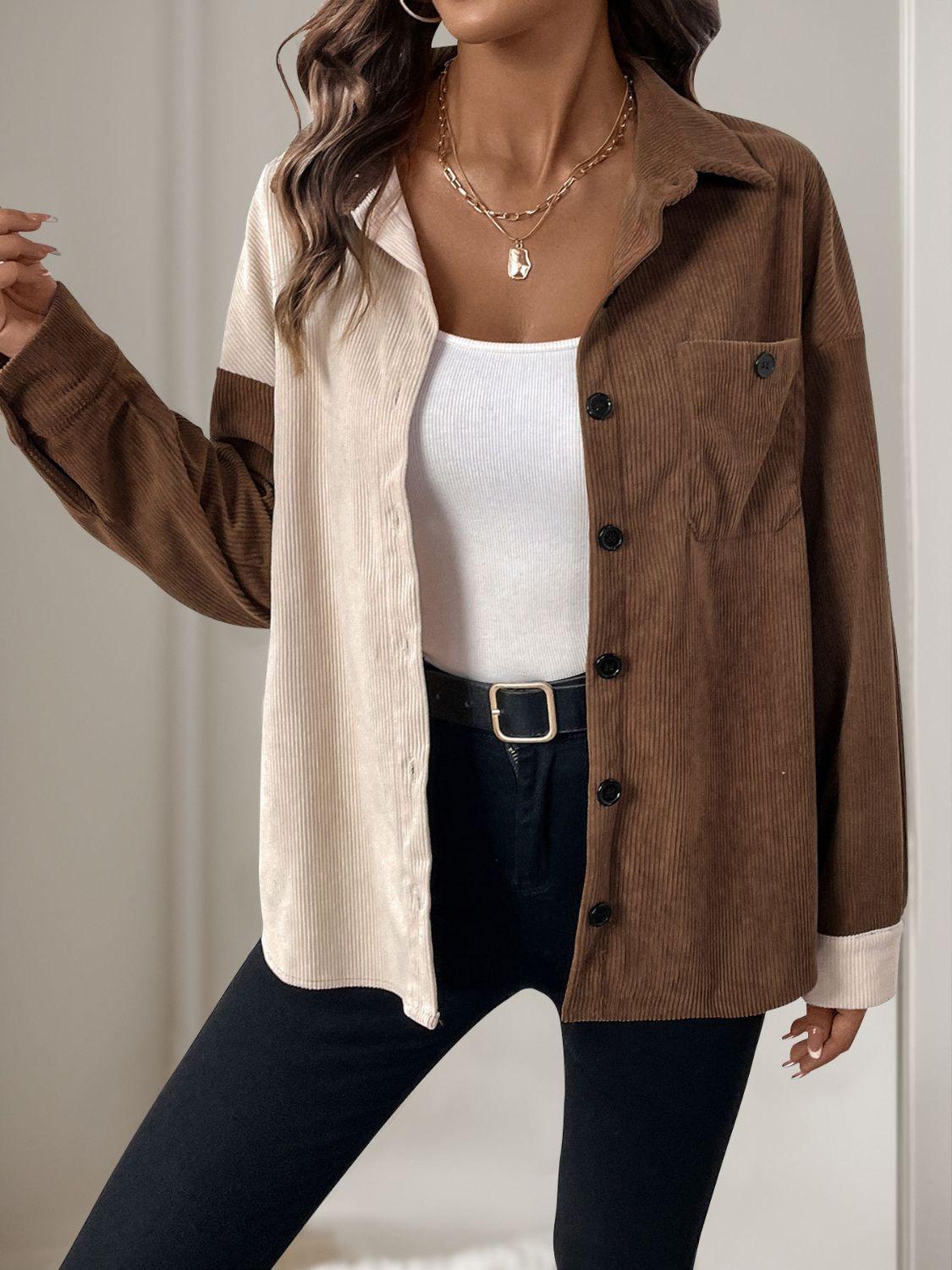 Perfee Pocketed Contrast Collared Neck Long Sleeve Shirt 918870a1-0dcb-461b-a2a9-16518bbb726f-Max Trendsi