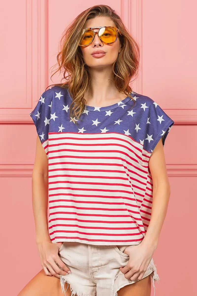 BiBi Cotton T-shirt US Flag Star Rpinted with Stripe Combo Top NAVY STAR RED STRIPE 9199226090a44a859160ca4ec2edaca7-Max-Origin Trendsi