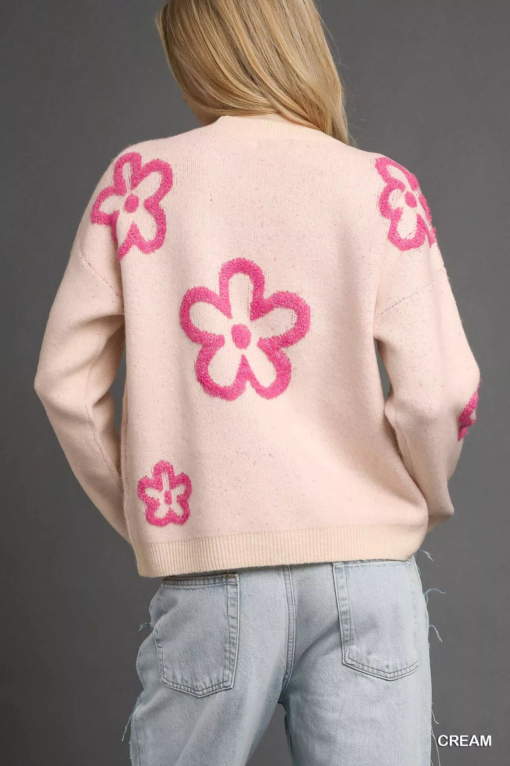 Umgee Women's Sweater Cream with Pink Floral Accents Round Neck Pullover 919a3f10-e1a0-42c5-b06a-01f5213c1aed-Max-Origin Trendsi