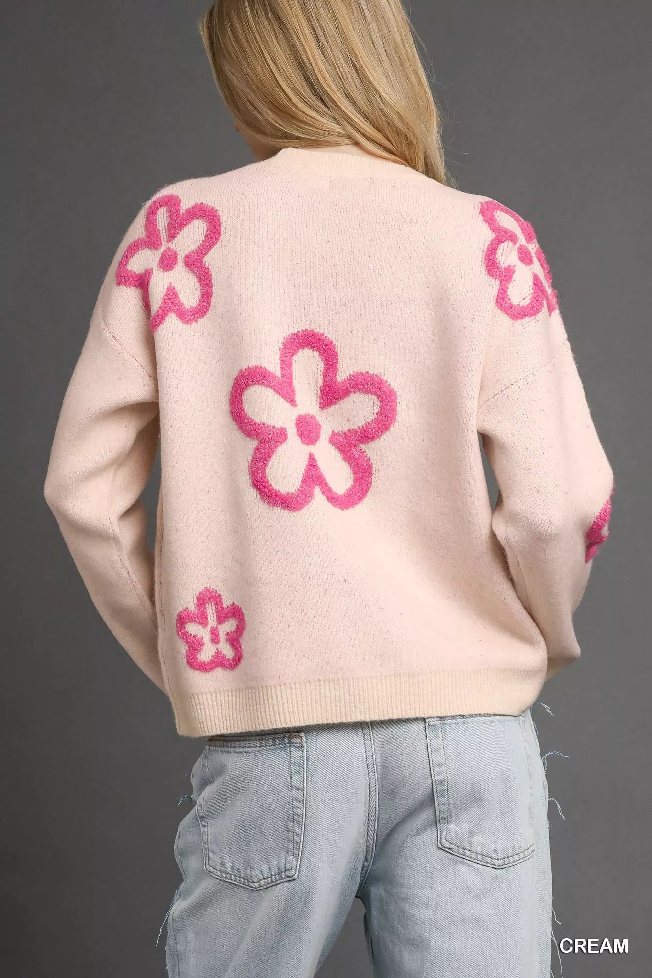 Umgee Women's Sweater Cream with Pink Floral Accents Round Neck Pullover 919a3f10-e1a0-42c5-b06a-01f5213c1aed-Max-Origin Trendsi