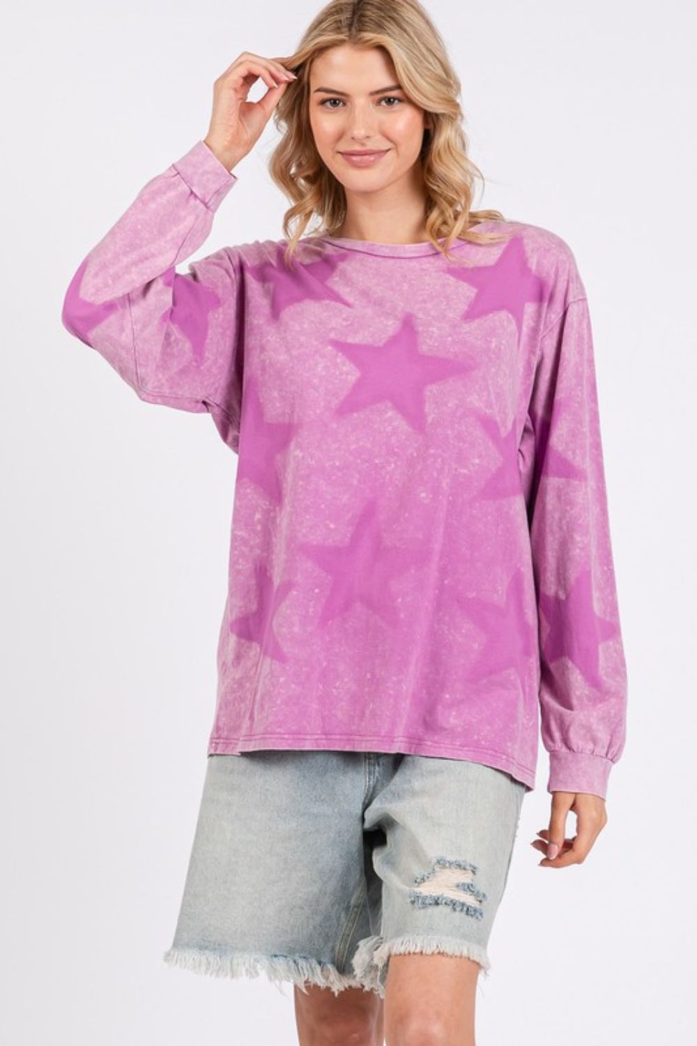 SAGE+FIG USA Star Pattern T-shirt Long Sleeve Mineral Wash Mauve Cotton Tops 91adfb1e-0202-4364-a184-38a9d0eba392-Max Trendsi