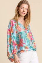 Umgee USA Blouse Turquoise Floral Print Smocked Back Hem V-Neck Top Turquoise 91bd126c-da49-4807-b50c-01f6210deb69-Max Trendsi