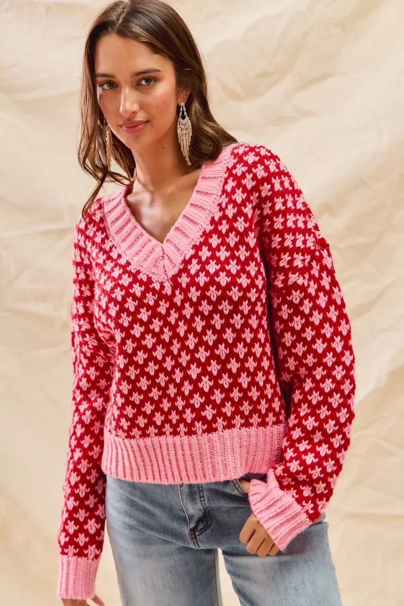SO ME Christmas Women's Sweater Red Pink Color Block Textured V Neck Top 91bd7e60d858468c93b0a1f253011bdd-Max-Origin Trendsi