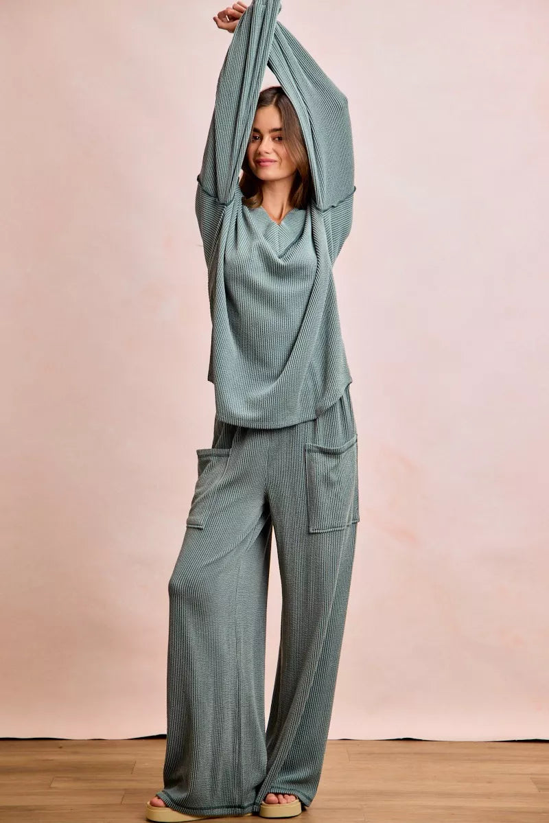 BiBi Outfit Set Dark Sage Cord Rib Contrast Stitching V-Neck Top and Pants 91bf275342c54f2c8aa4728aa7908096-Max-Origin Trendsi