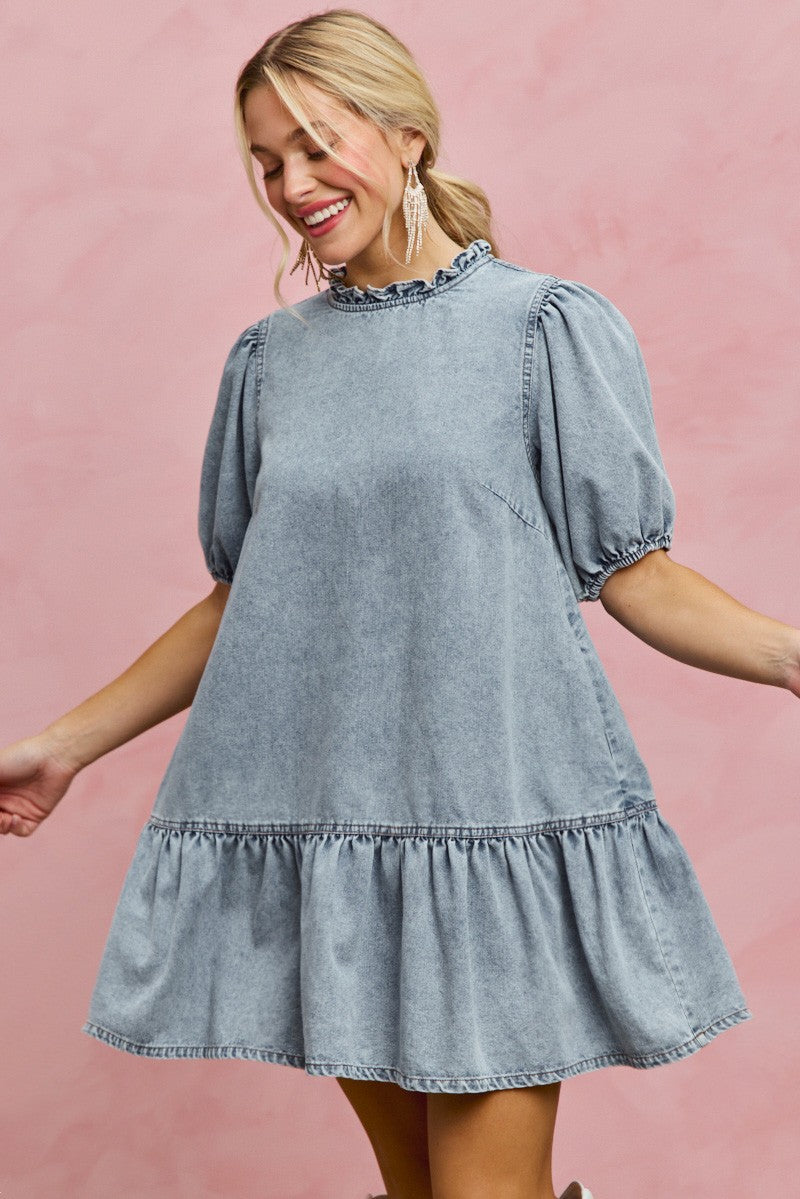 SO ME Denim Short Sleeves Mini Tiered Dress