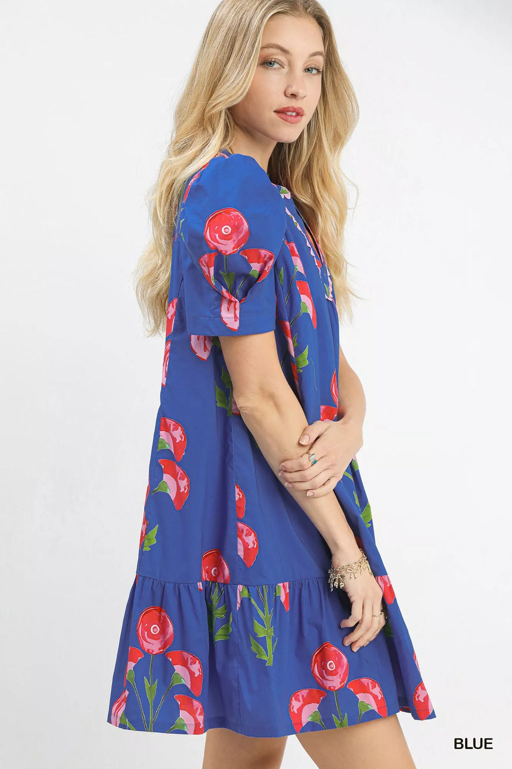 Umgee Mini Dress Blue Floral Print Puff Short Sleeve with Scallop Trim 91e1ba5c-9418-4b68-803d-73b075e57ead-Max-Origin Trendsi