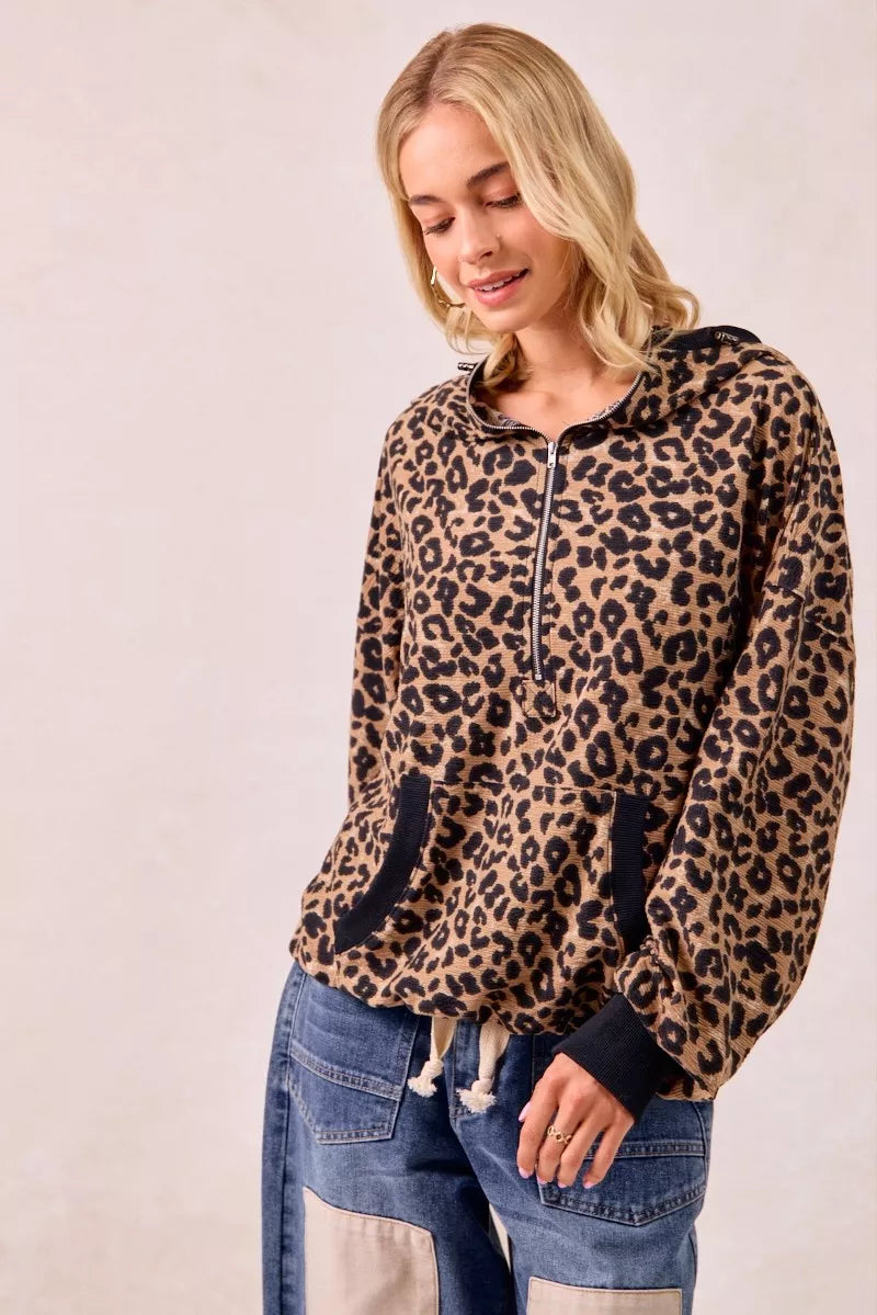 BiBi Leopard Print Hoodie Womens Waffle Half Zip Up With Pockets 91e24f81d7024536b0da259fa89033a5-Max-Origin Trendsi