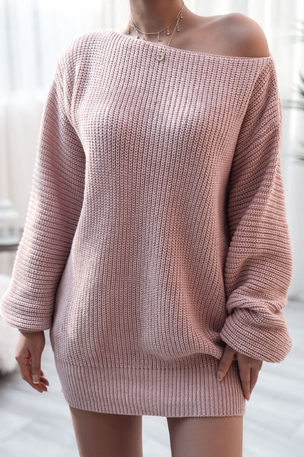 Mini Sweater Dress Boat Neck Long Sleeve Soft Acrylic Knit Basic Solid Style Blush Pink 91e29256-d2ca-4b97-8242-ea058203f153-Max Trendsi