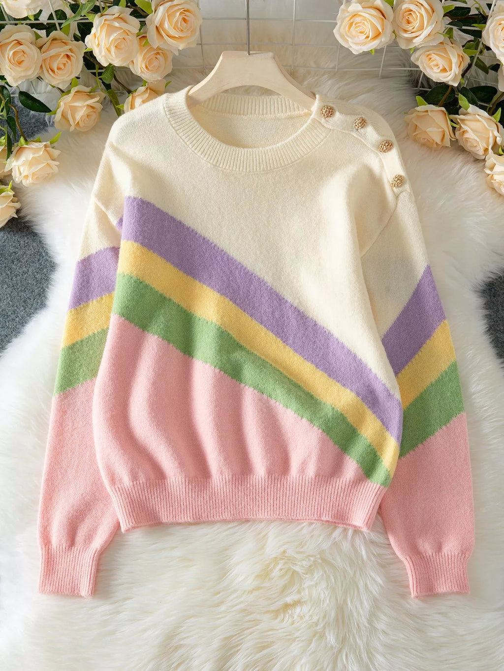 Women's Sweater Rainbow Stripe Button Drop Shoulder Knit Pullover 91e3da4b-d862-46b2-b1f9-faaffac0b66e-Max-Origin Trendsi