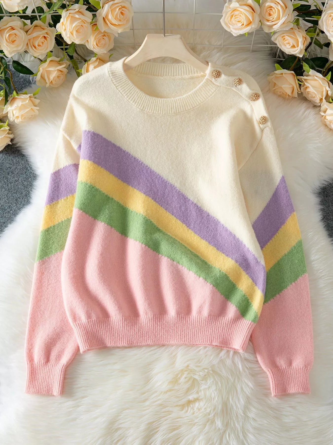 Women's Sweater Rainbow Stripe Button Drop Shoulder Knit Pullover 91e3da4b-d862-46b2-b1f9-faaffac0b66e-Max-Origin Trendsi